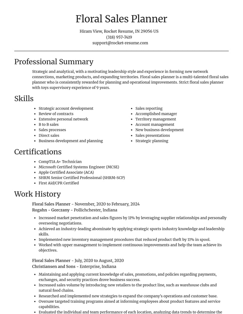 floral sales planner misc resume focal point template 1 foc