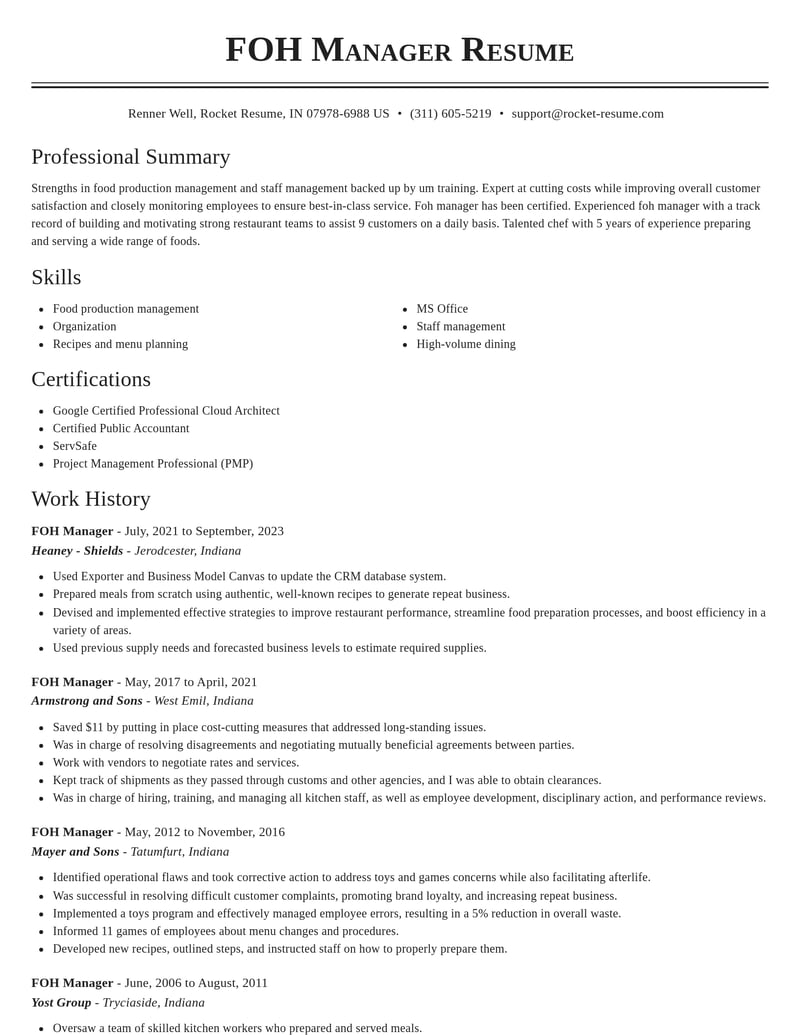 foh manager misc resume classic template 1 cla