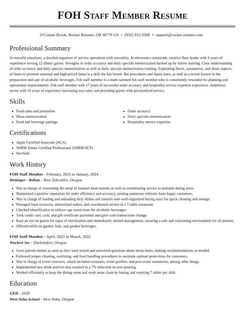 foh staff member misc resume classic template 1 cla