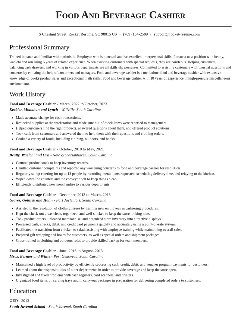 food and beverage cashier misc resume classic template 0 cla