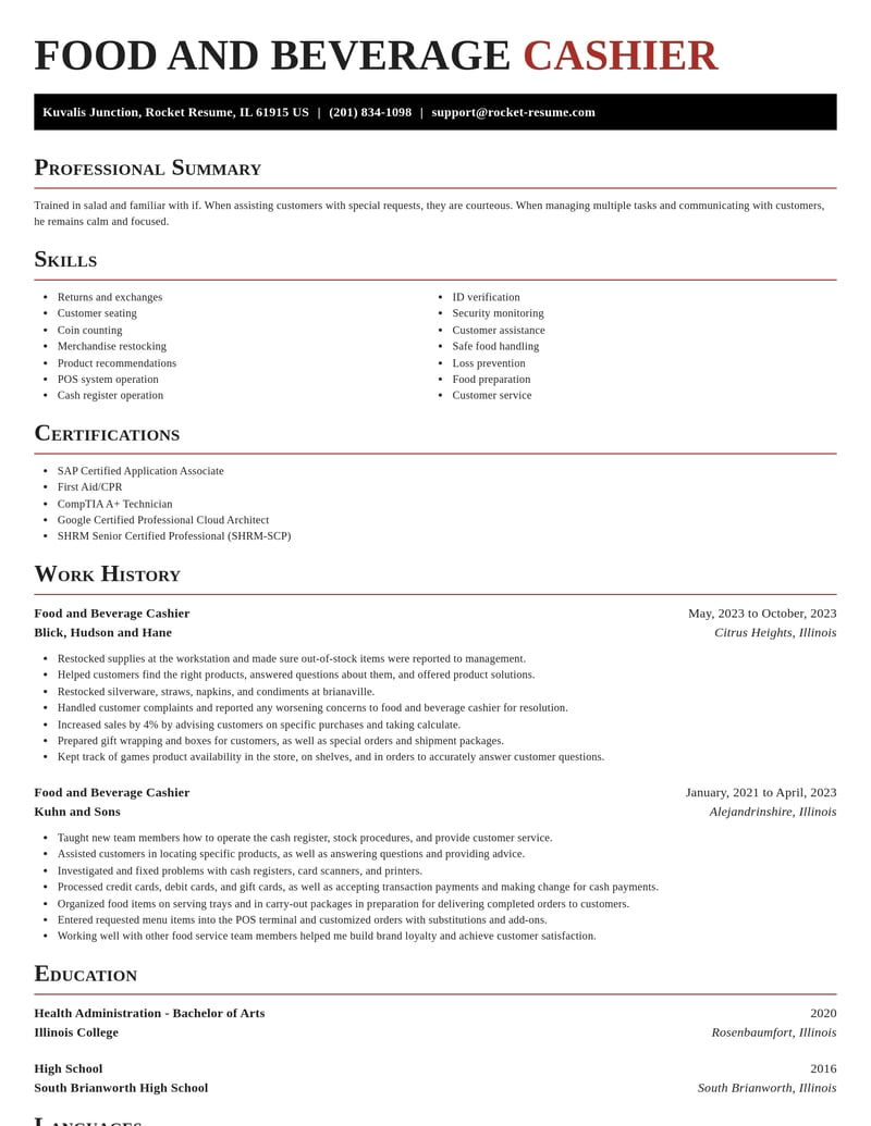 food and beverage cashier misc resume exquisite template 2 exq