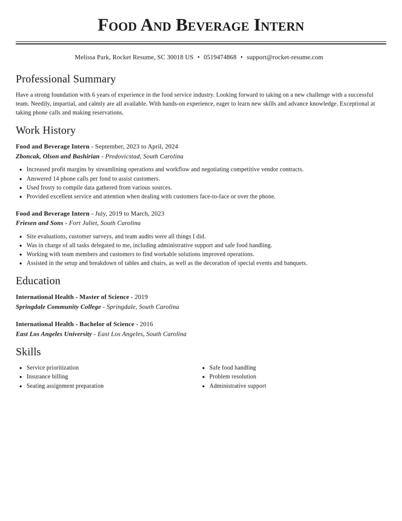 food and beverage intern misc resume classic template 2 cla