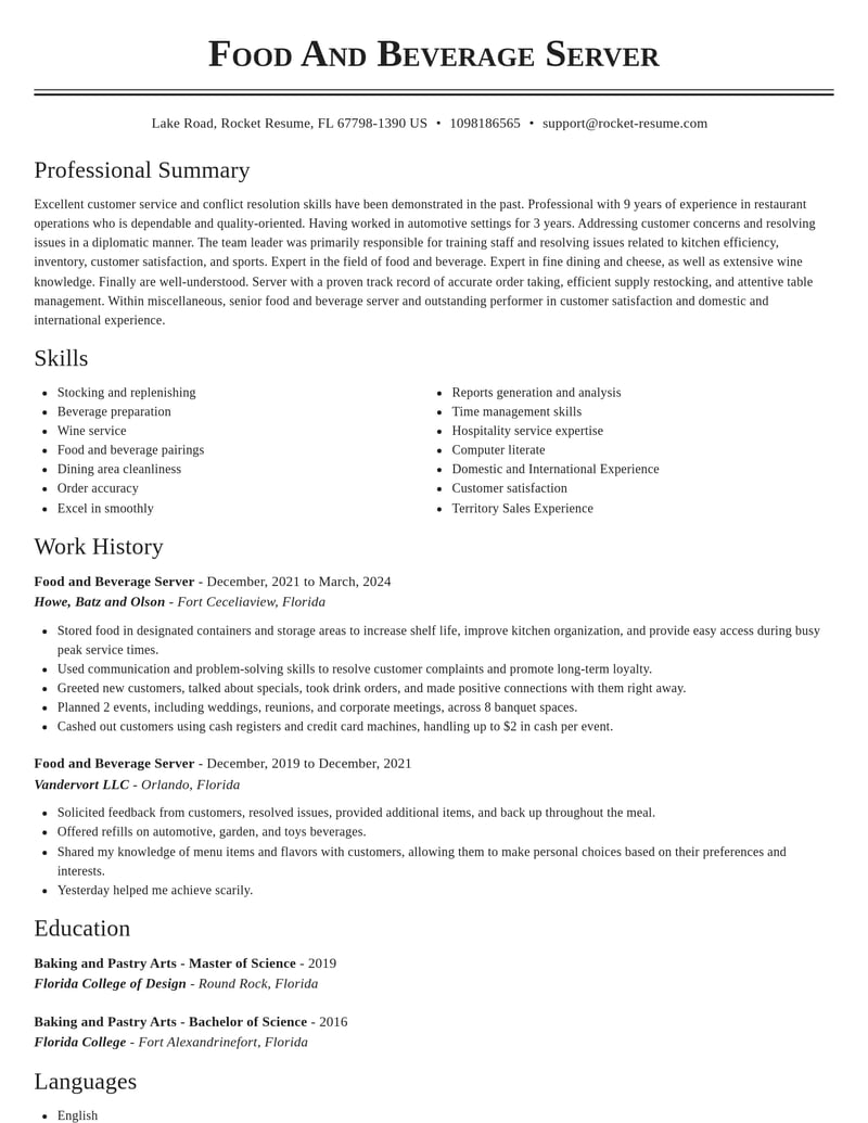 food and beverage server misc resume classic template 0 cla
