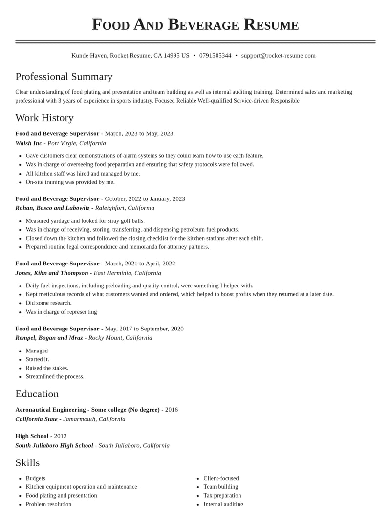 food and beverage supervisor misc resume classic template 0 cla