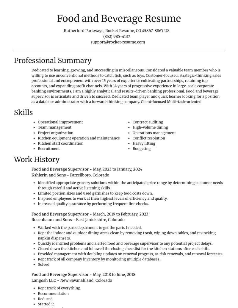 food and beverage supervisor misc resume focal point template 0 foc