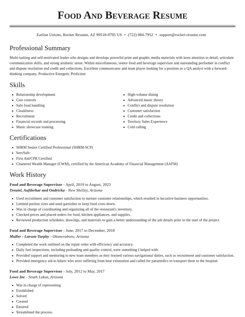 food and beverage supervisor misc resume classic template 1 cla