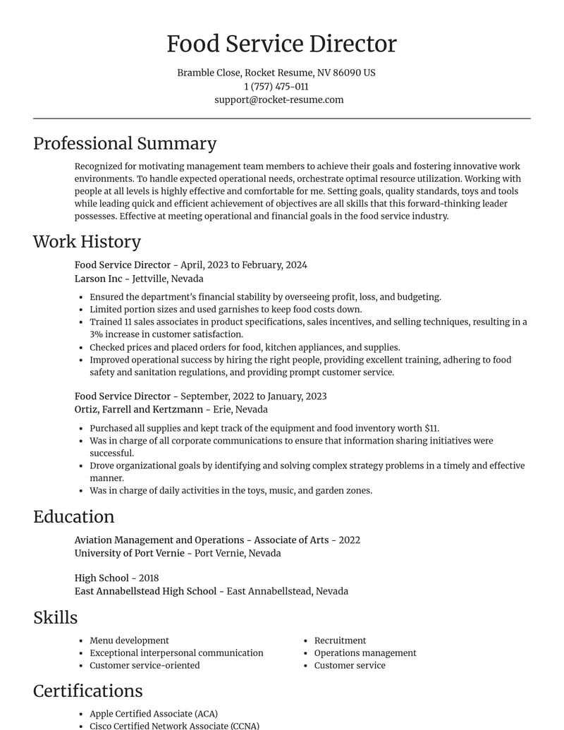 food service director misc resume focal point template 2 foc
