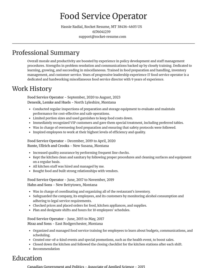 food service operator misc resume focal point template 2 foc