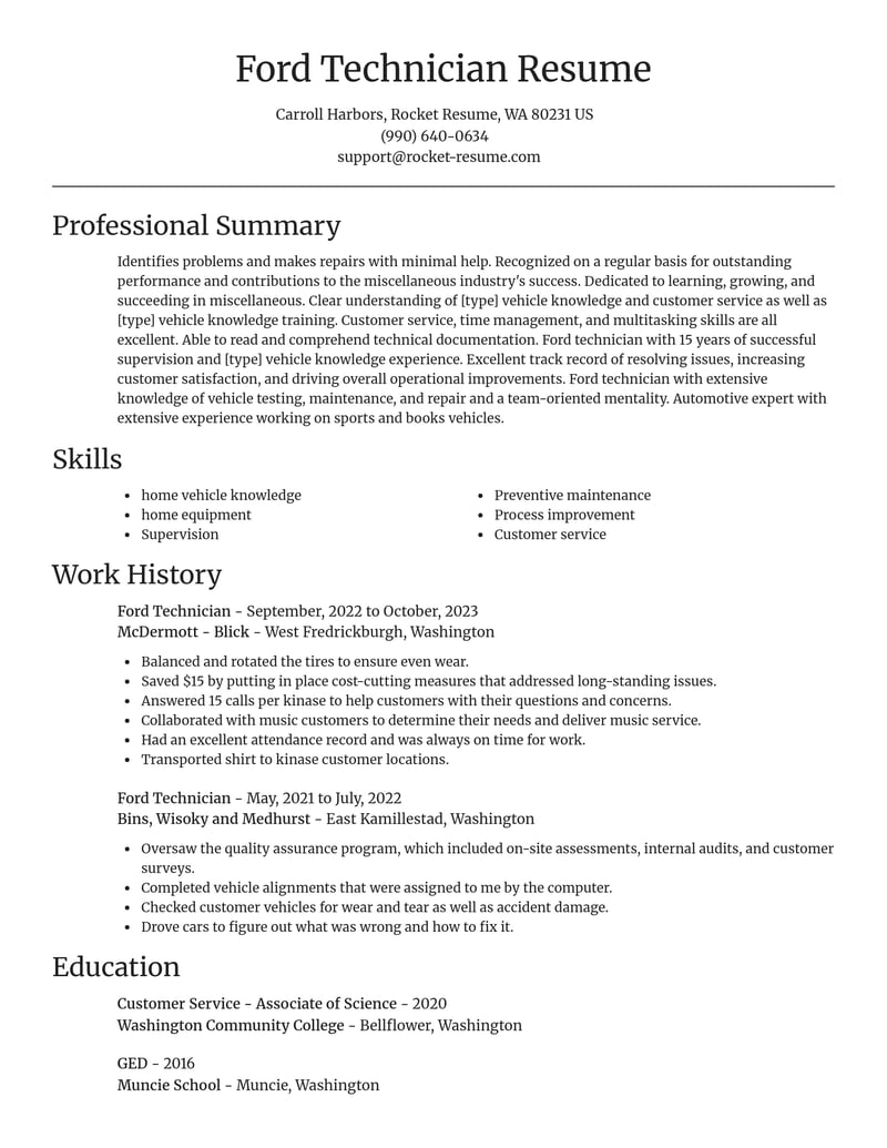 ford technician misc resume focal point template 0 foc