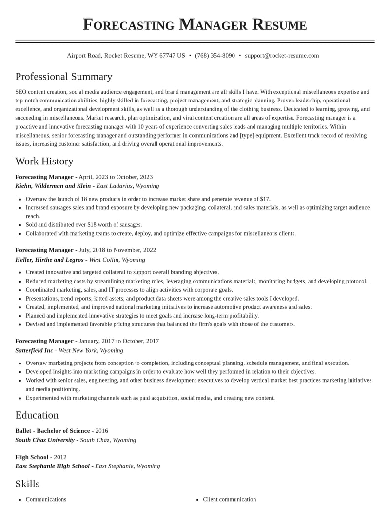 forecasting manager misc resume classic template 2 cla