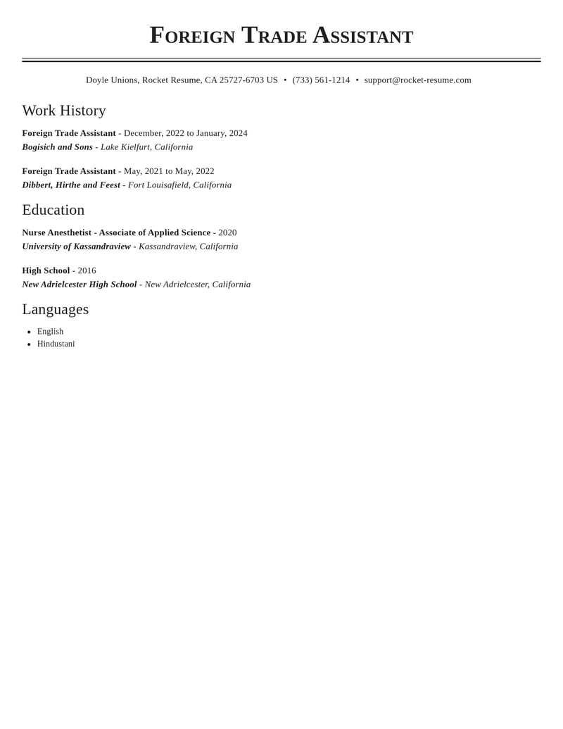 foreign trade assistant misc resume classic template 0 cla