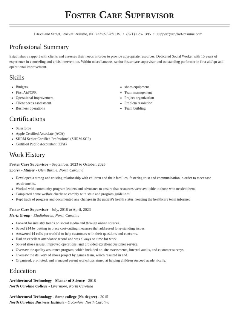 foster care supervisor misc resume classic template 2 cla