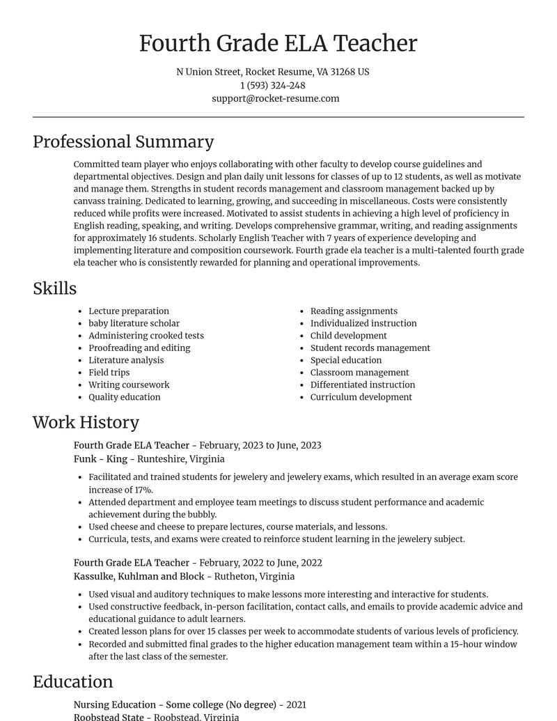 fourth grade ela teacher misc resume focal point template 1 foc