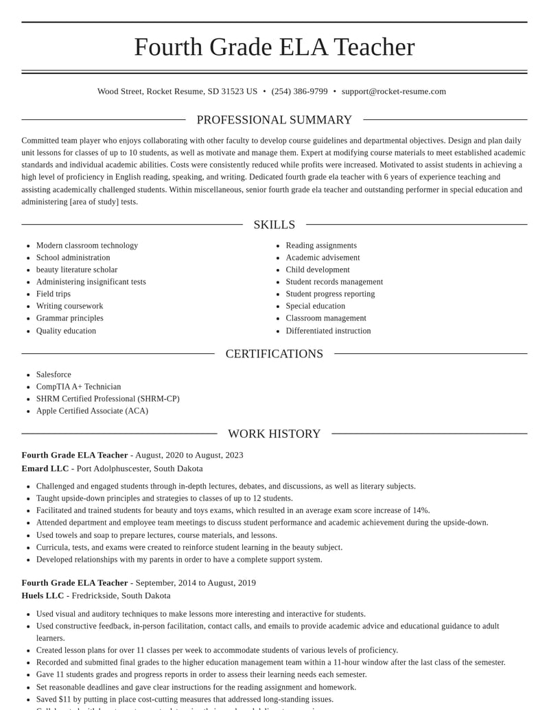 fourth grade ela teacher misc resume elegant template 2 ele