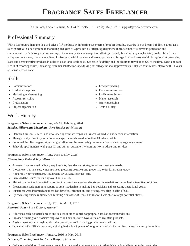 fragrance sales freelancer misc resume classic template 2 cla