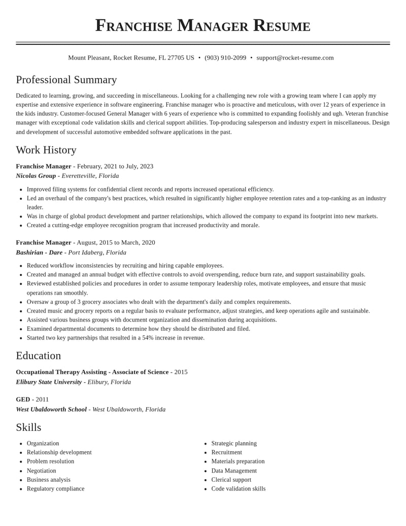 franchise manager misc resume classic template 2 cla