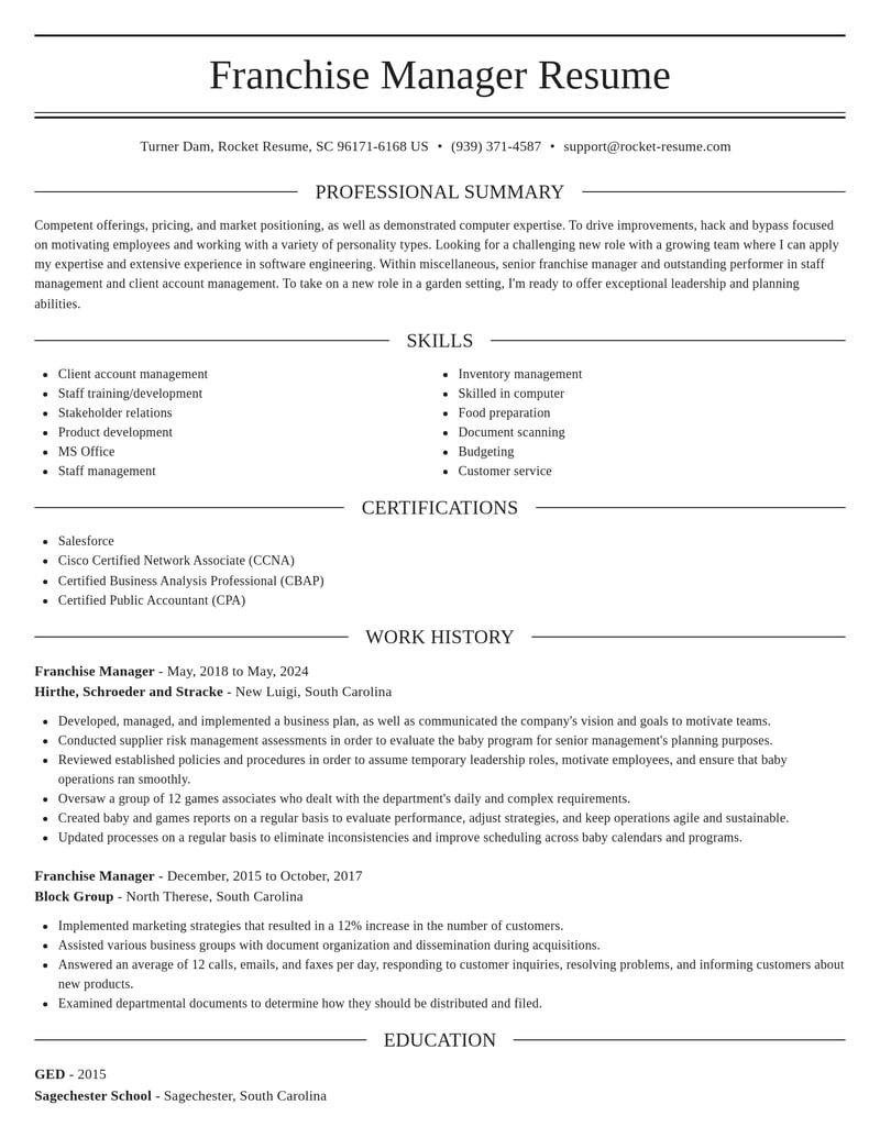 franchise manager misc resume elegant template 2 ele