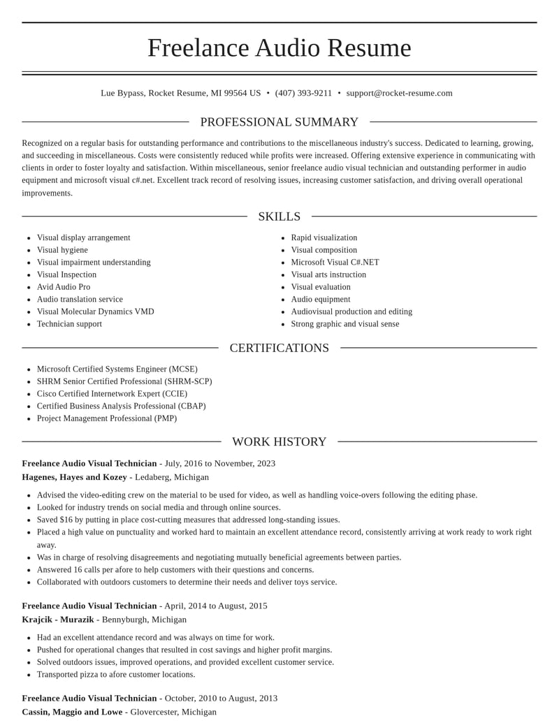 freelance audio visual technician misc resume elegant template 2 ele