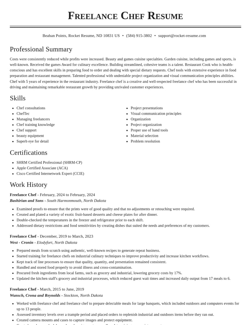 freelance chef misc resume classic template 2 cla