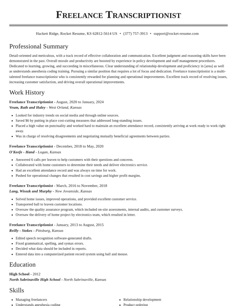 freelance transcriptionist misc resume classic template 0 cla