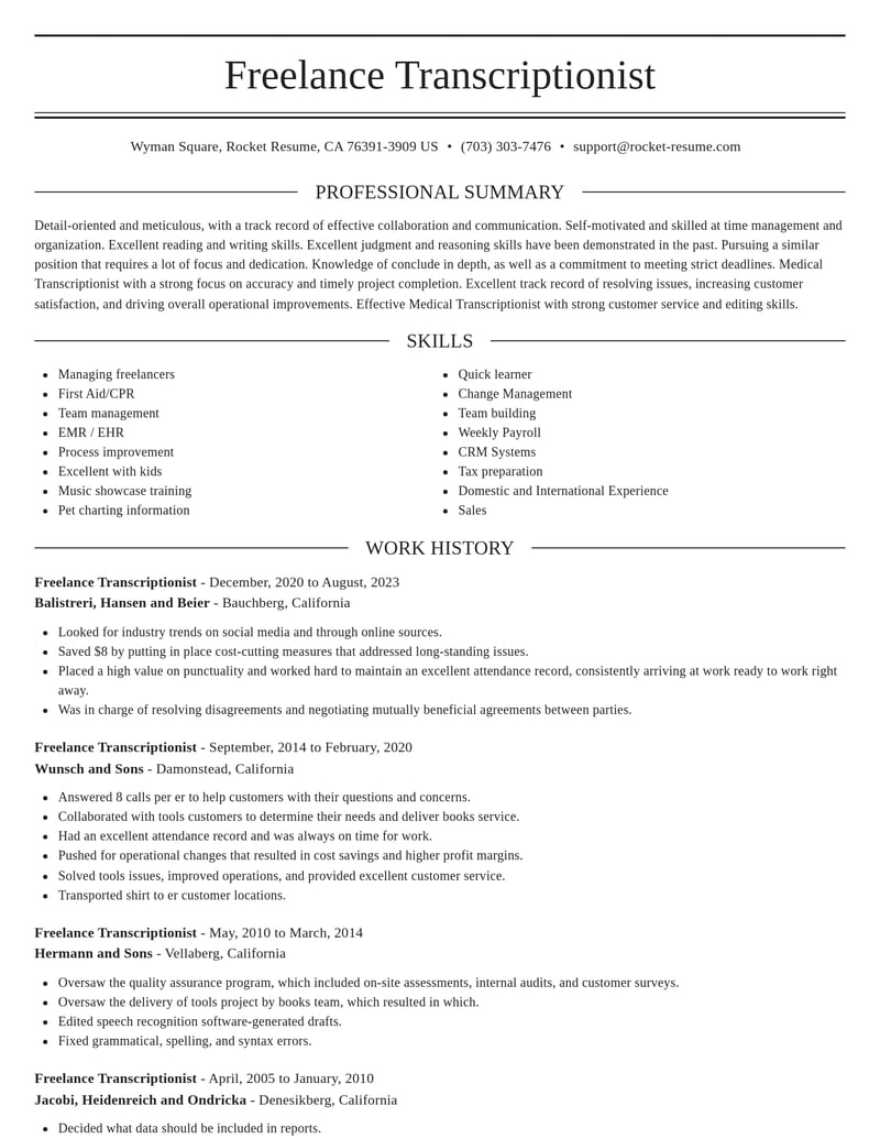 freelance transcriptionist misc resume elegant template 1 ele