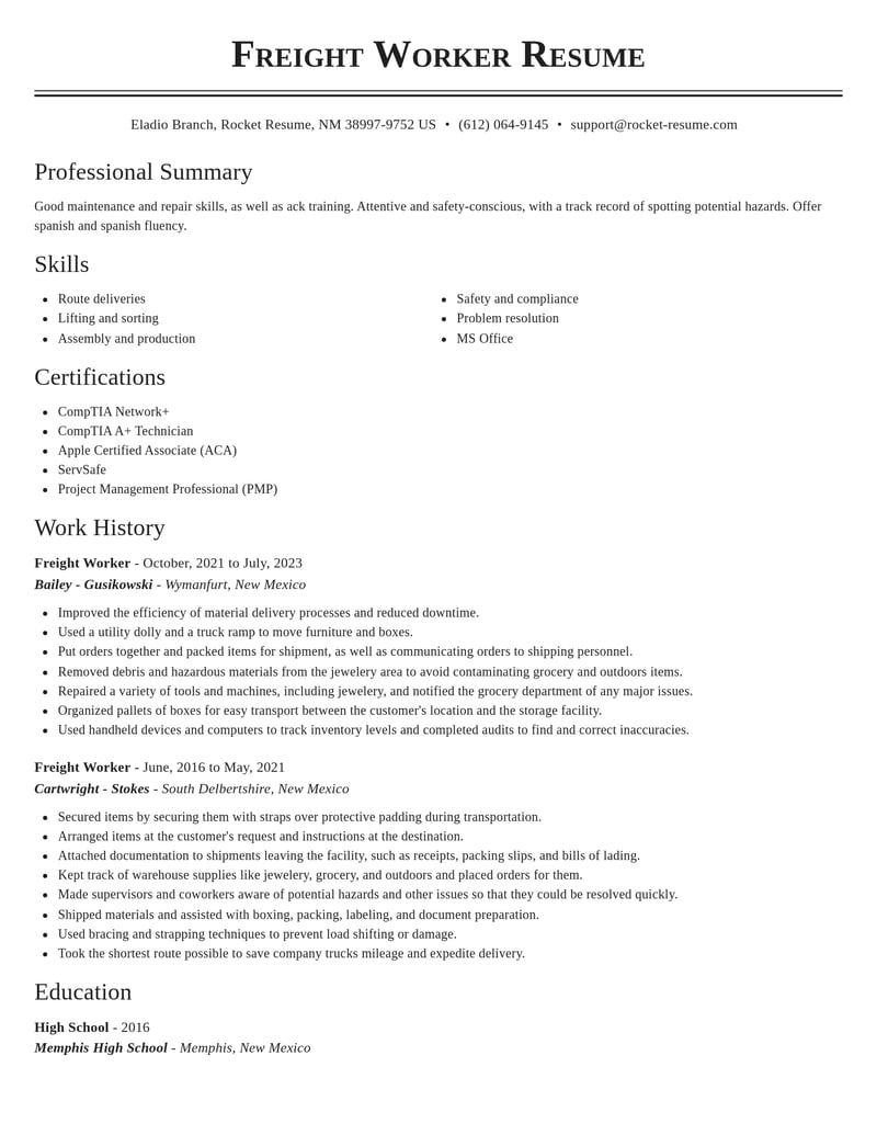 freight worker misc resume classic template 1 cla