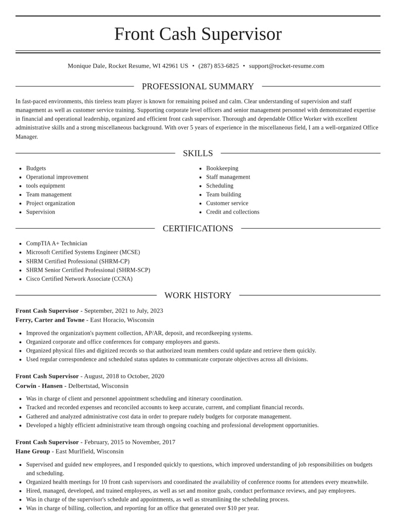 front cash supervisor misc resume elegant template 0 ele