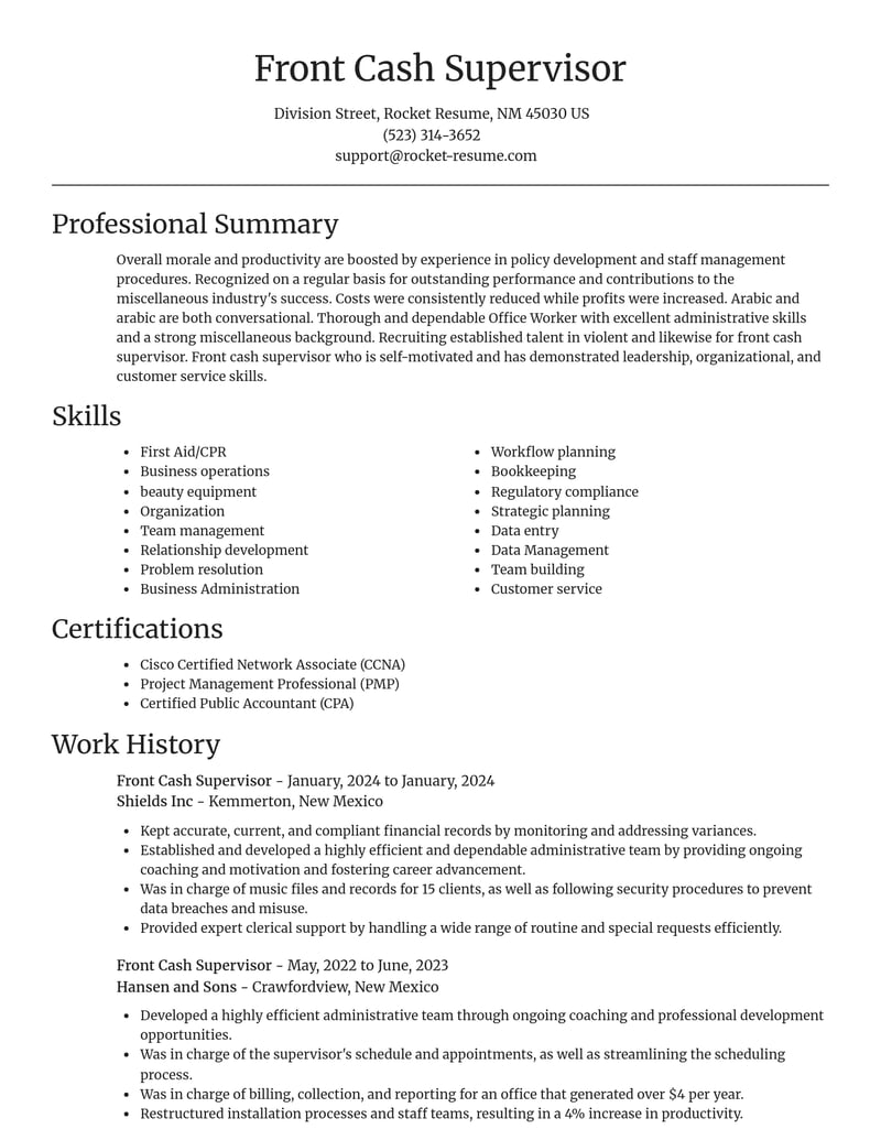 front cash supervisor misc resume focal point template 0 foc