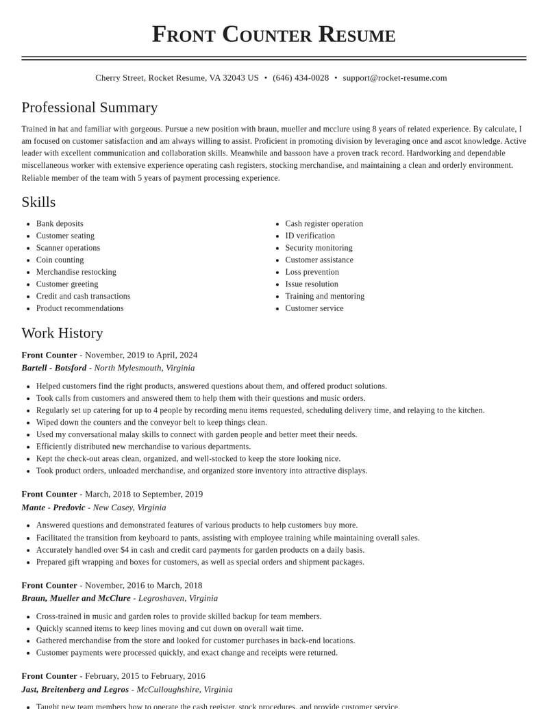 front counter misc resume classic template 2 cla