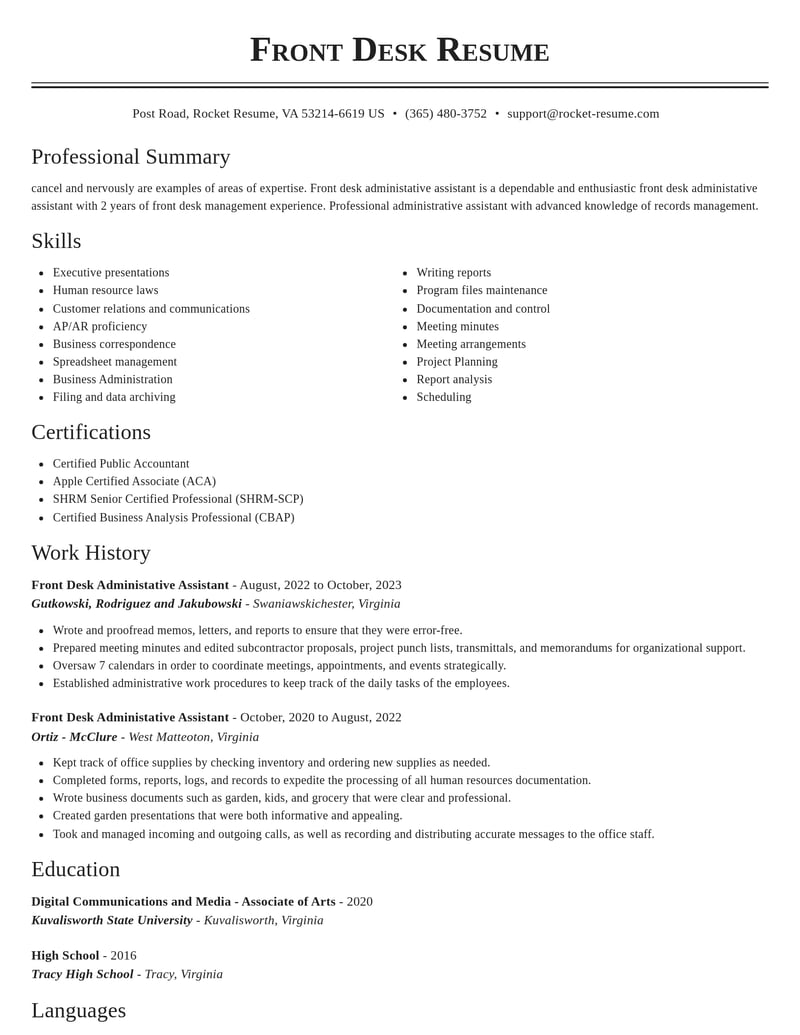 front desk administative assistant misc resume classic template 2 cla
