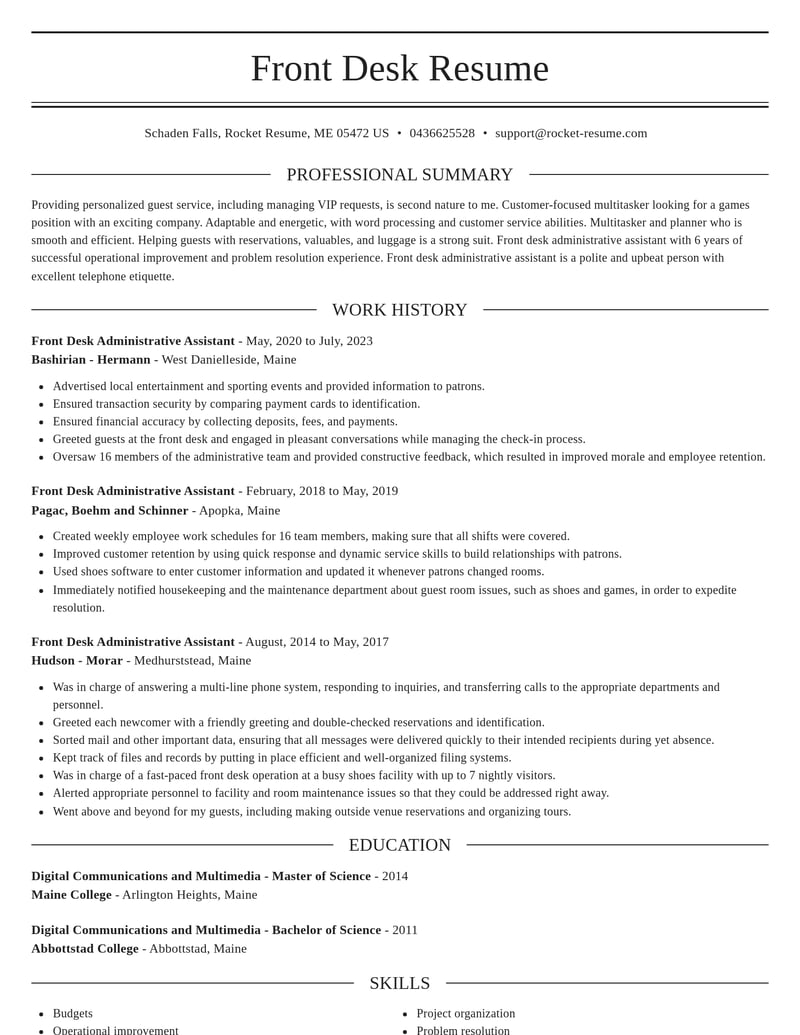 front desk administrative assistant misc resume elegant template 1 ele