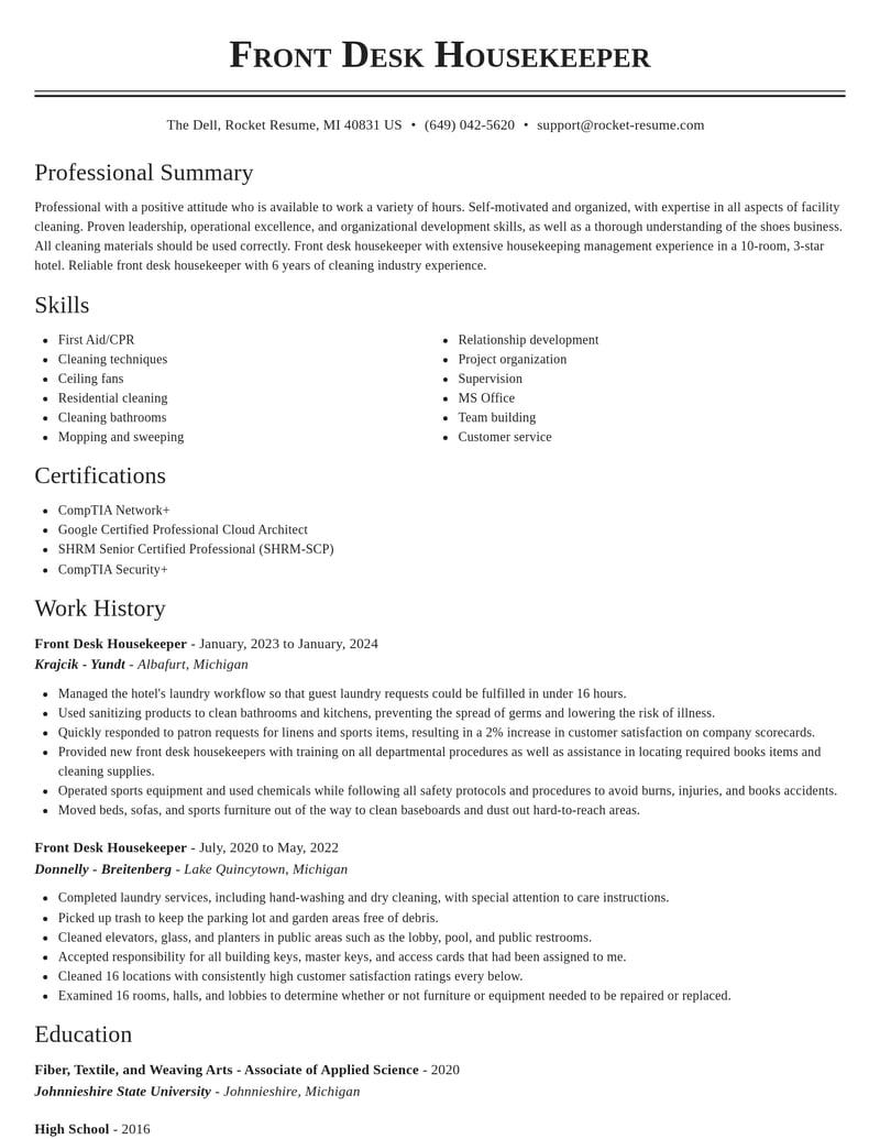 front desk housekeeper misc resume classic template 0 cla