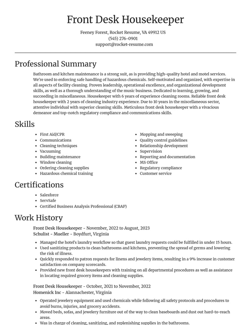 front desk housekeeper misc resume focal point template 0 foc