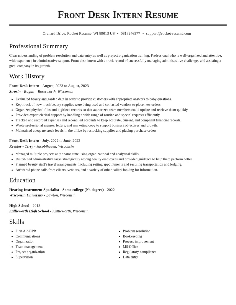 front desk intern misc resume classic template 0 cla