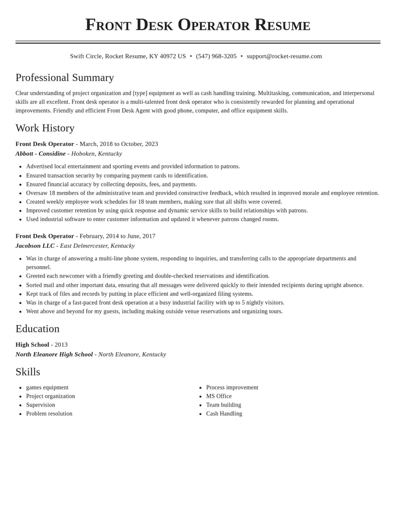 front desk operator misc resume classic template 0 cla