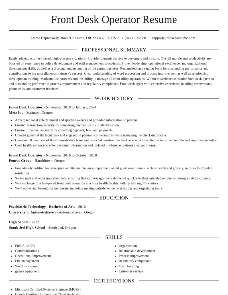 front desk operator misc resume elegant template 0 ele