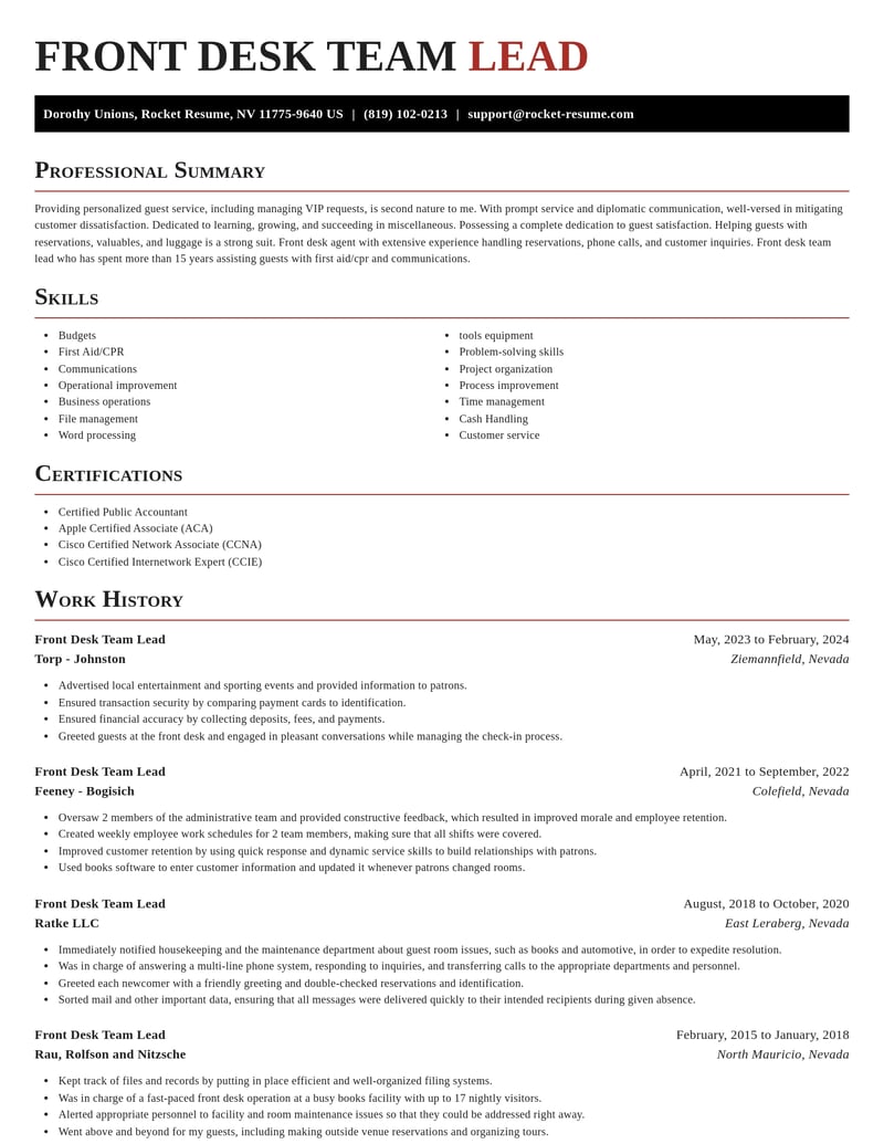 front desk team lead misc resume exquisite template 2 exq