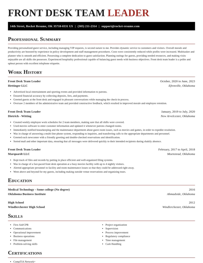 front desk team leader misc resume exquisite template 1 exq