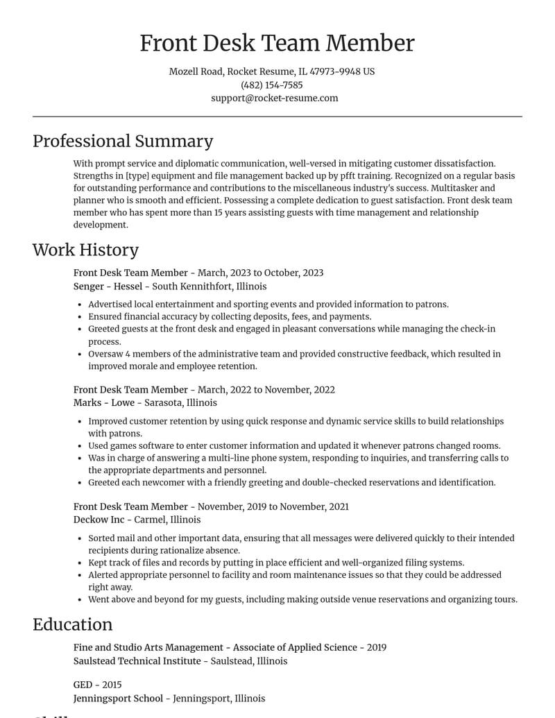 front desk team member misc resume focal point template 0 foc
