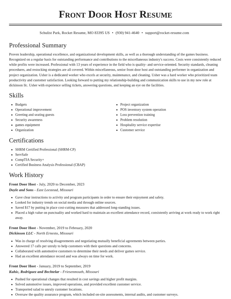 front door host misc resume classic template 1 cla