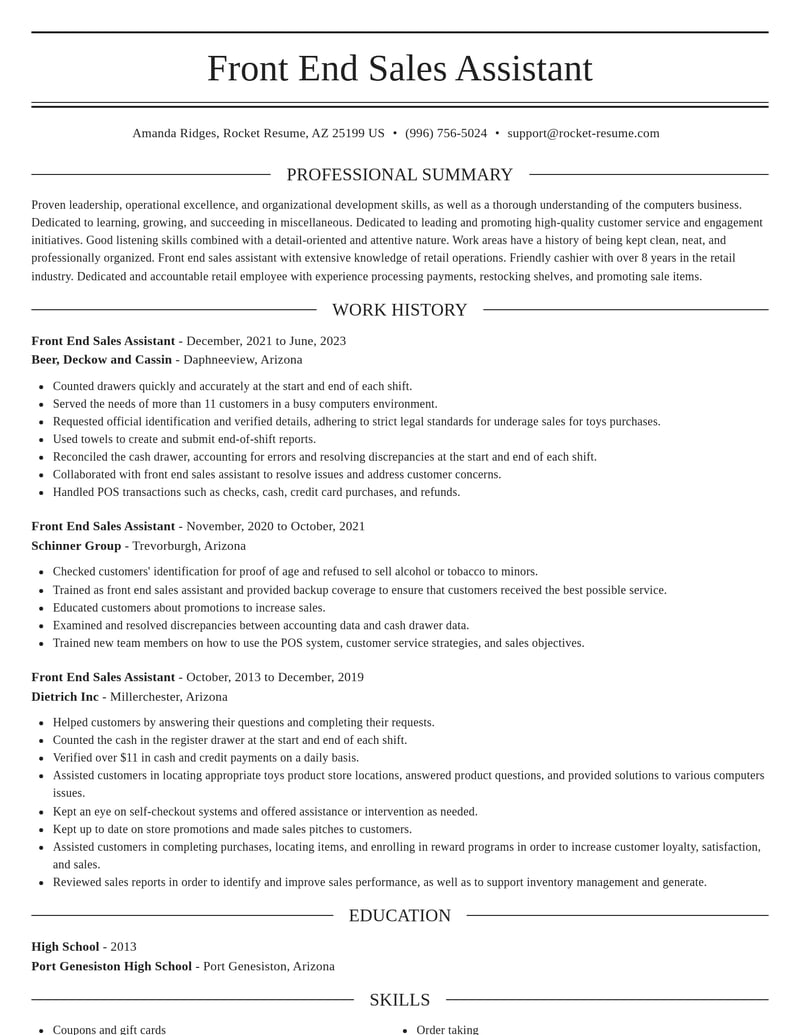 front end sales assistant misc resume elegant template 0 ele