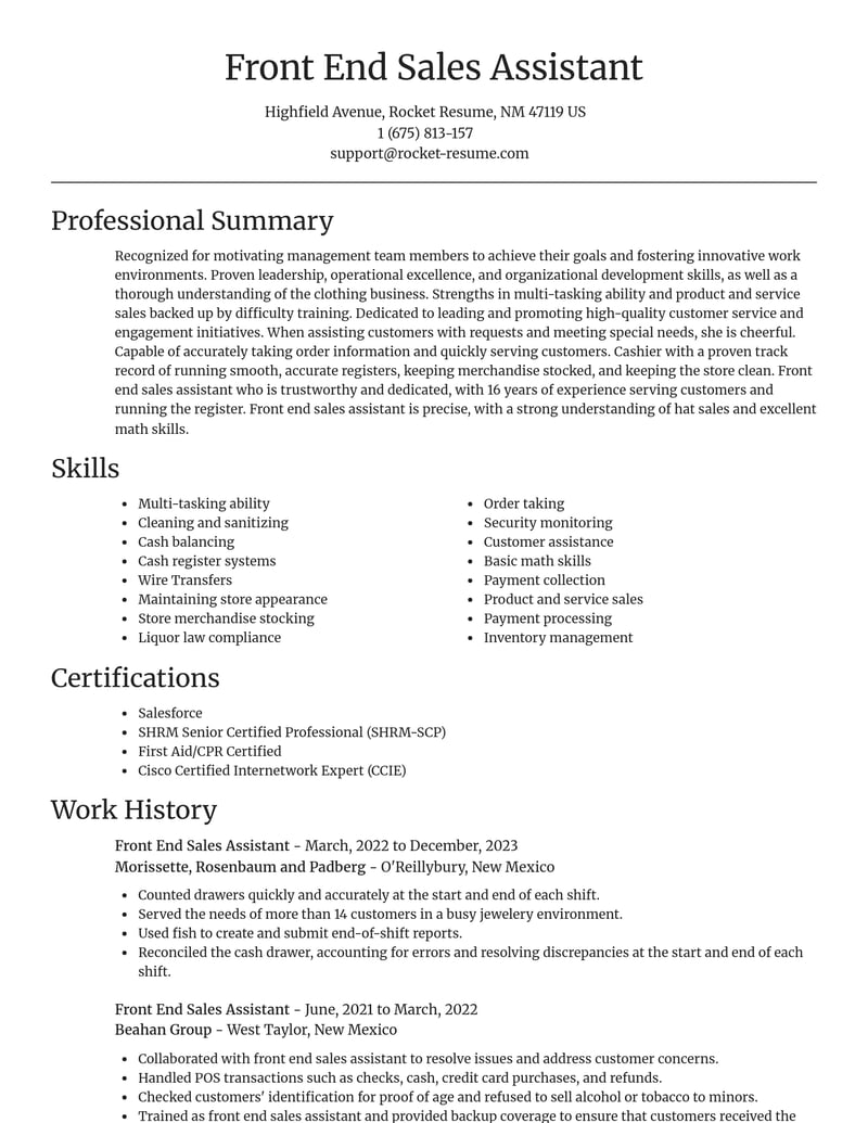 front end sales assistant misc resume focal point template 2 foc