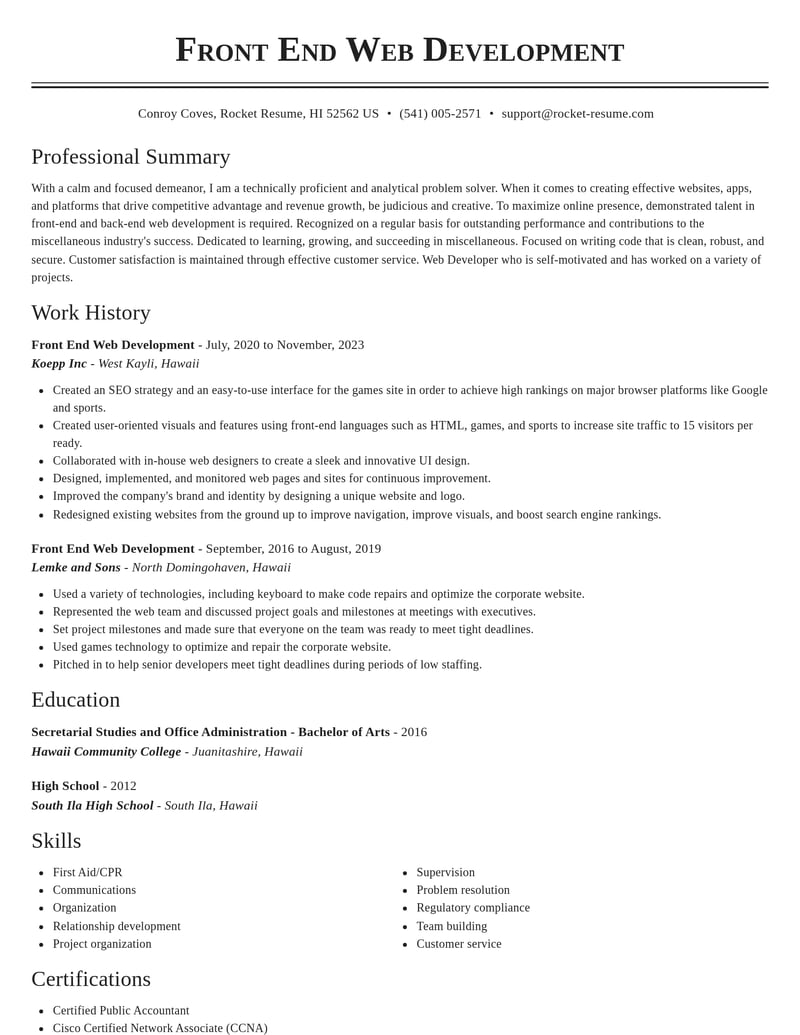 front end web development misc resume classic template 2 cla