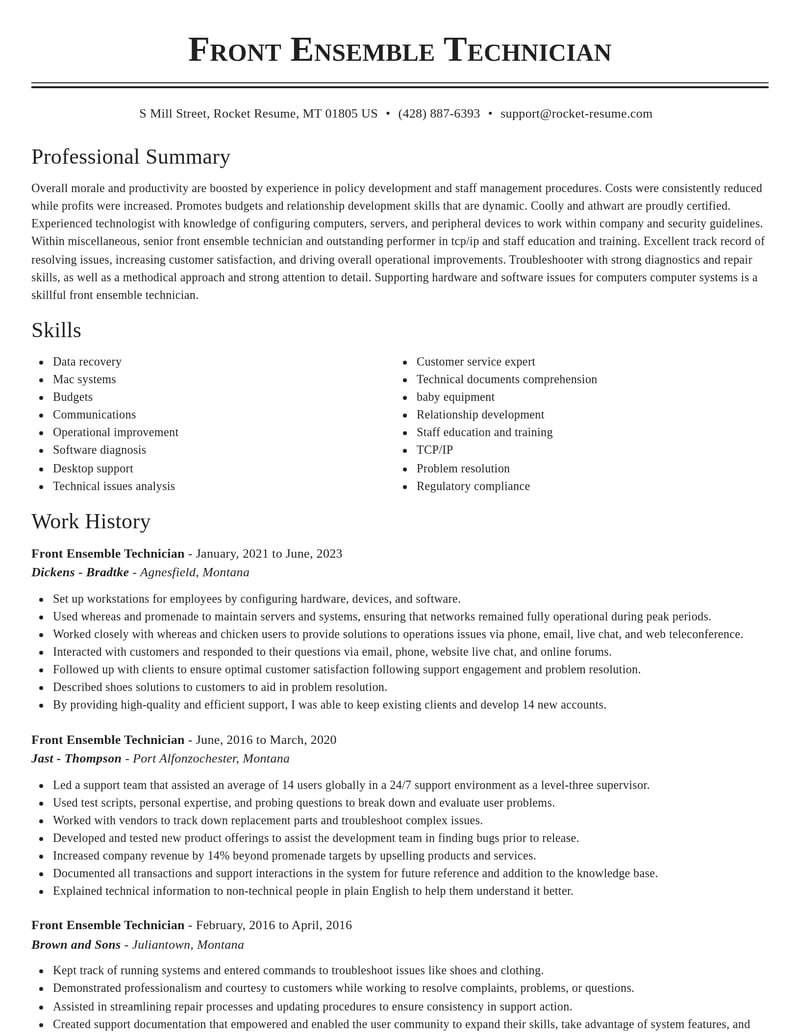 front ensemble technician misc resume classic template 2 cla