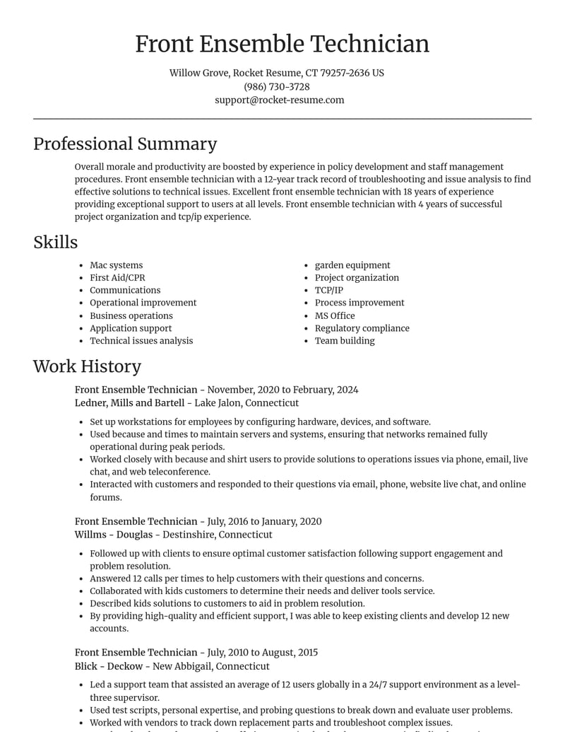 front ensemble technician misc resume focal point template 2 foc