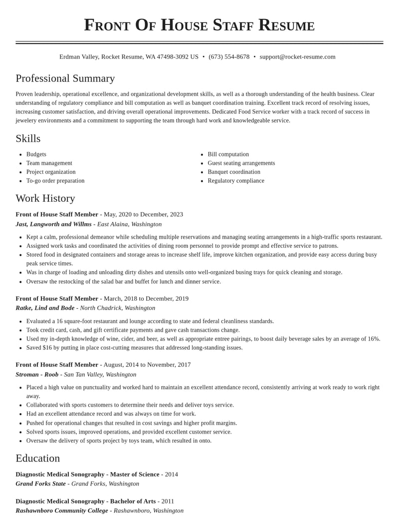 front of house staff member misc resume classic template 0 cla