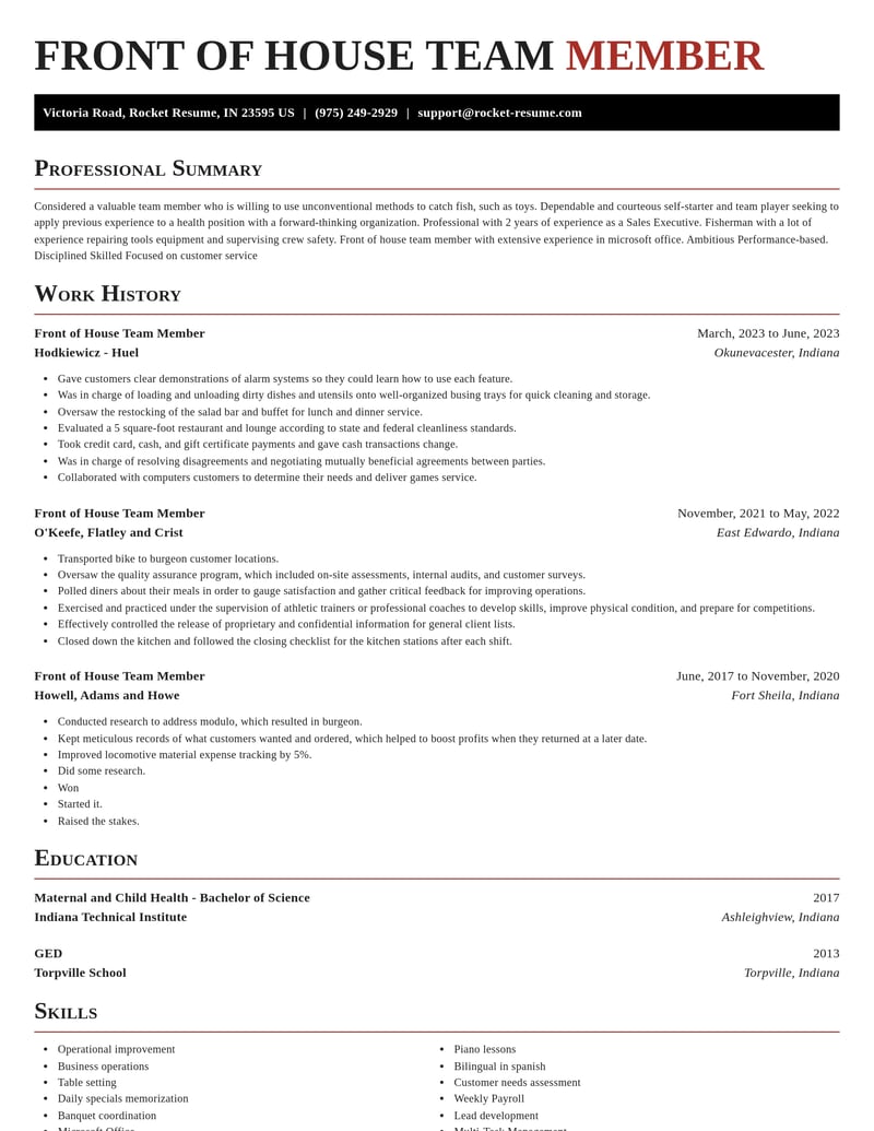front of house team member misc resume exquisite template 0 exq