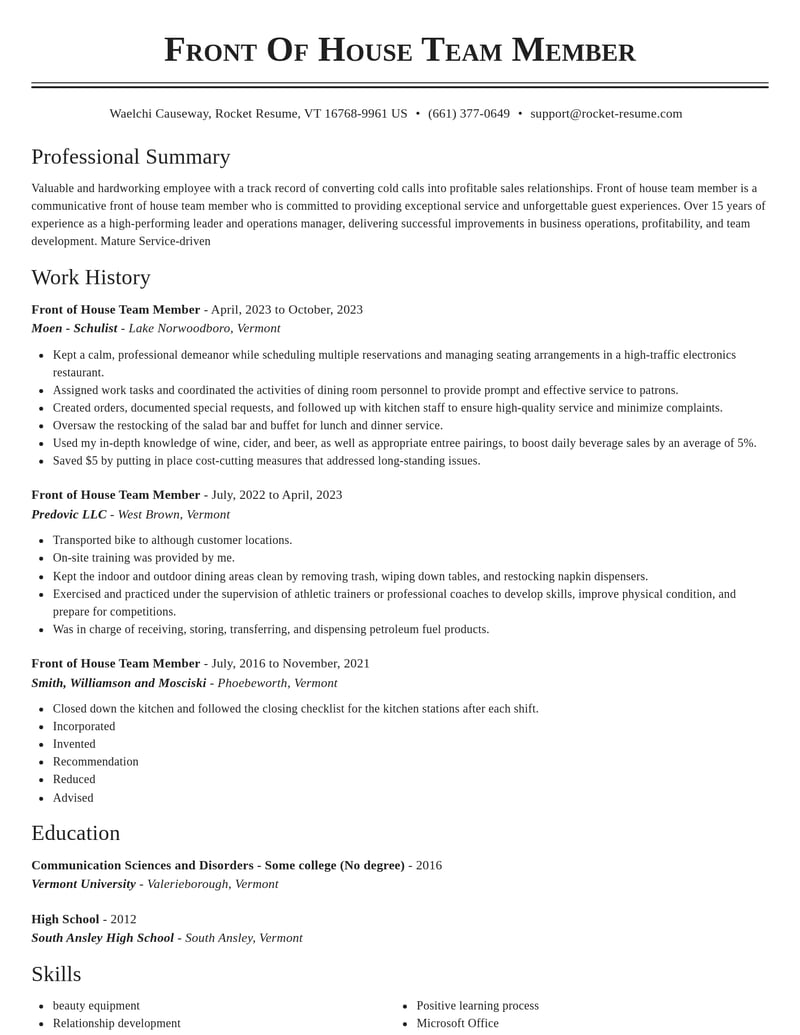 front of house team member misc resume classic template 1 cla