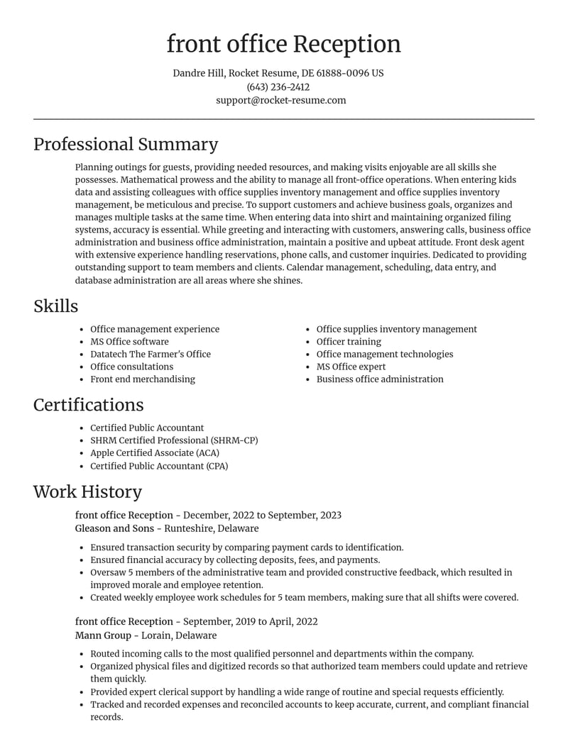 front office reception misc resume focal point template 0 foc