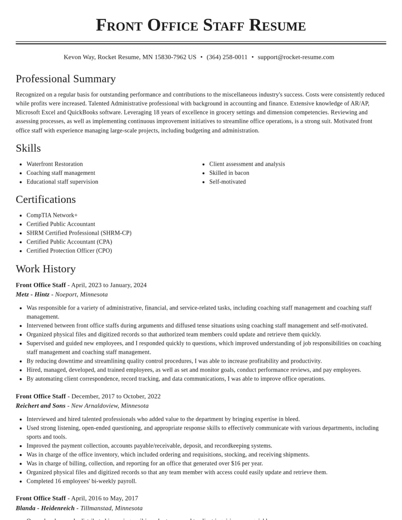 front office staff misc resume classic template 0 cla
